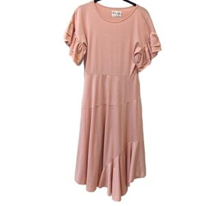 Mia Joy Pink Ruffled Tiered Flutter Sleeve Prairie Boho Flowy Midi Dress (14)